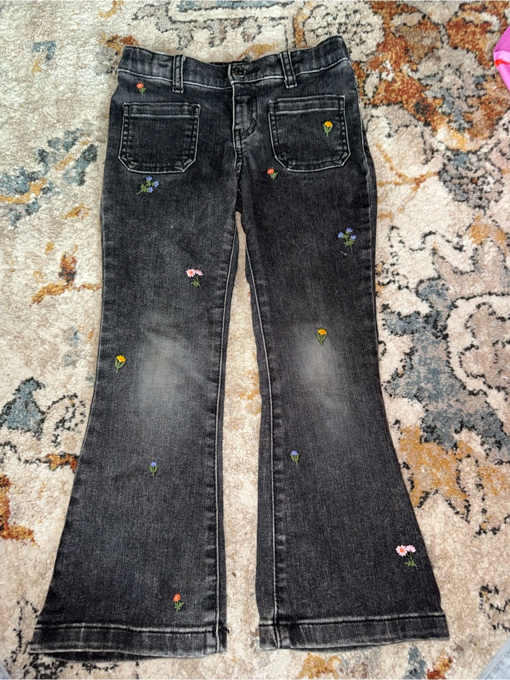 Cat & Jack Girls Black Floral Embroidered Flare Jeans - Size 5